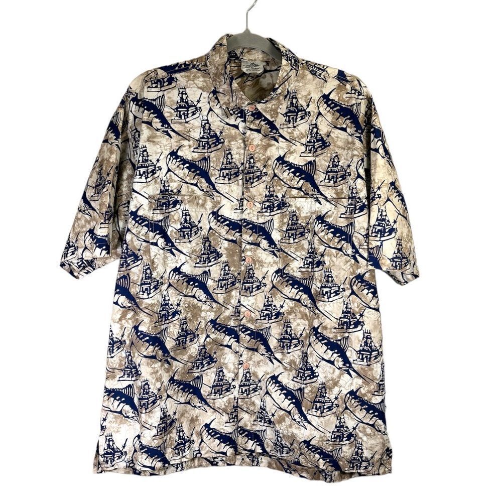 RUM REGGAE 100% Cotton Brown Dress Shirt Fish Print Size L
